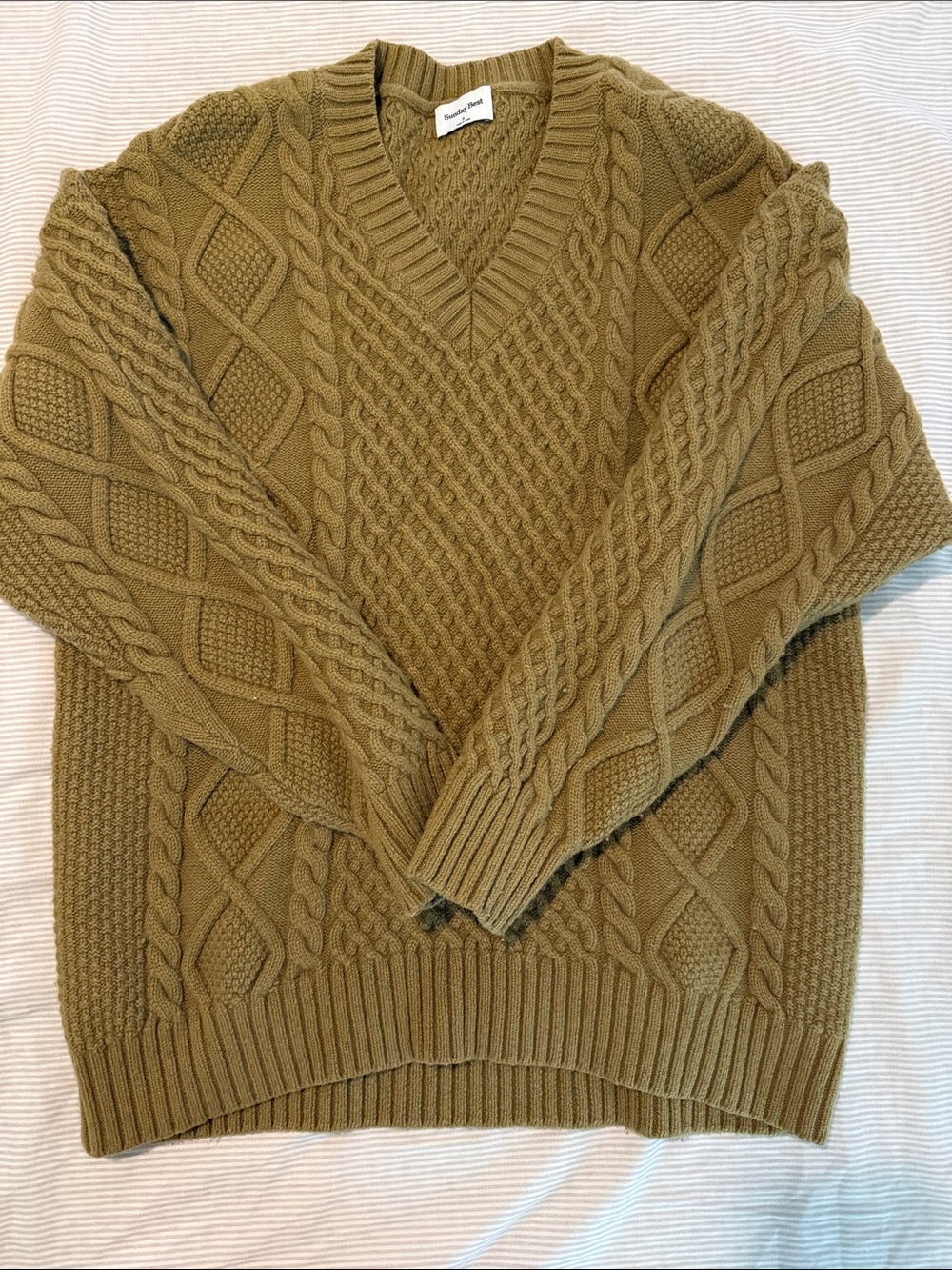 Sunday Best Cable Knit V-Neck Sweater in Camel
